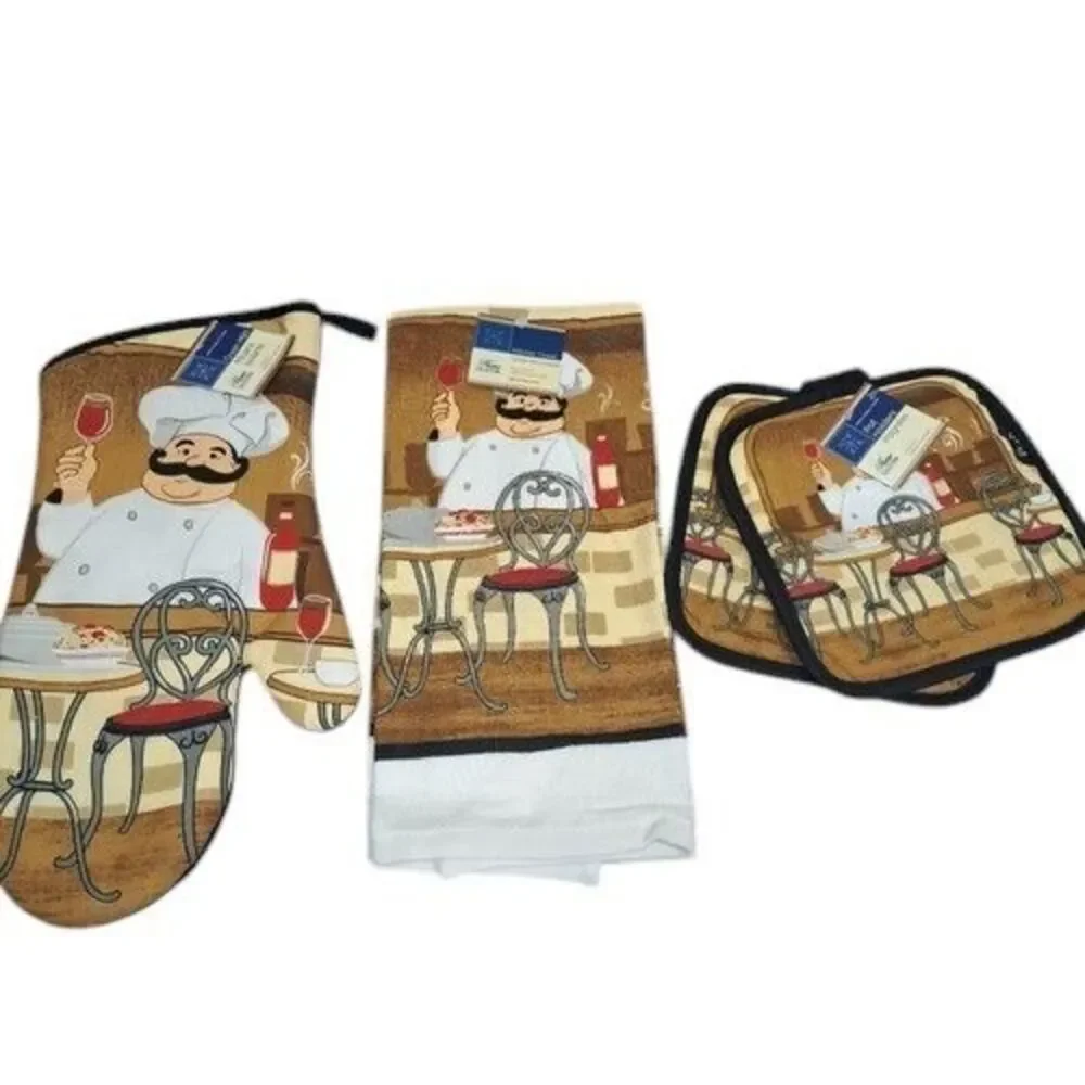 4 PIECE SET (1) Oven Mitt (2) Pot Holders (1) Kitchen Towel Italian Chef Design
